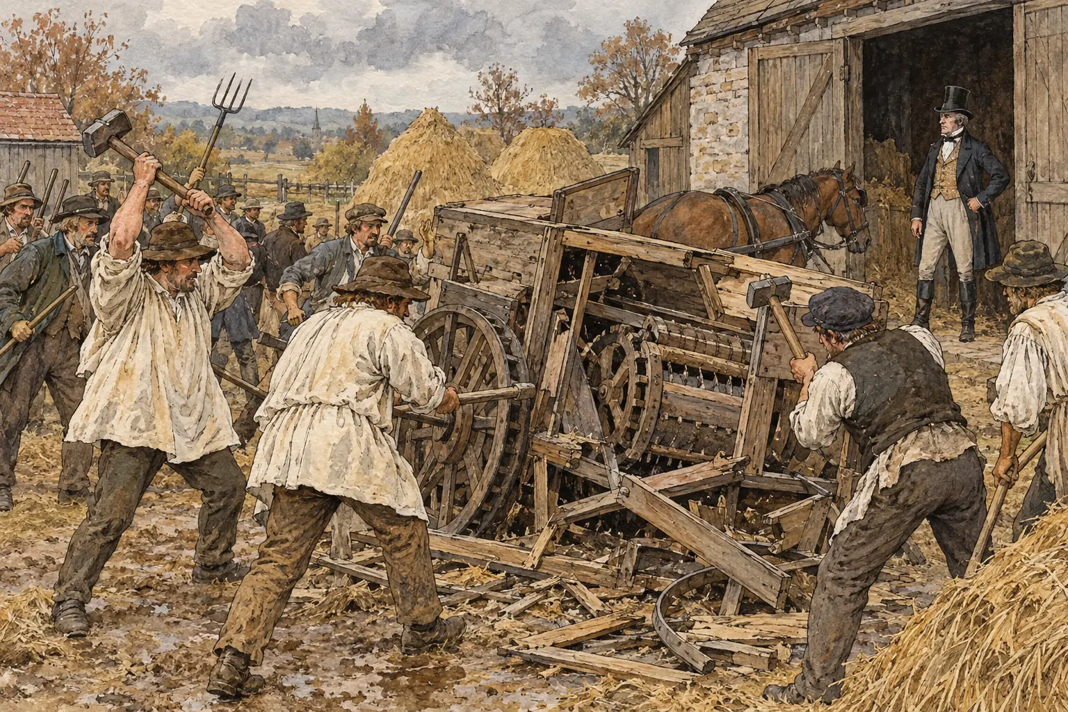 In the Swing Riots of 1830 farm labourers in southern England broke threshing machines and demanded higher pay