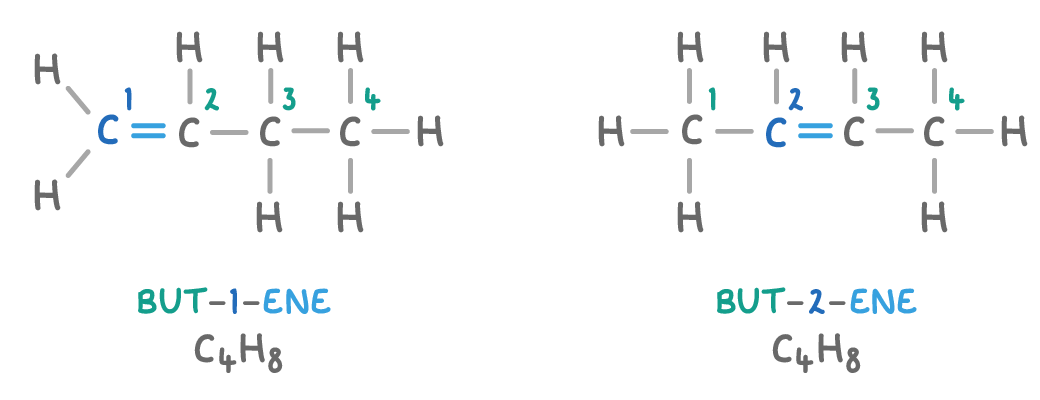 Two structures labelled but-1-ene and but-2-ene, both C4H8, carbons numbered 1 to 4, with the double bond between carbons 1 and 2 on the left and 2 and 3 on the right.