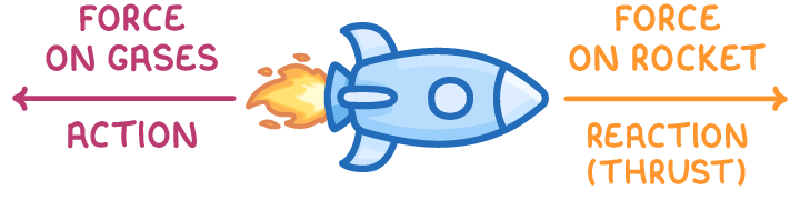 A rocket pointing right with exhaust flames at its tail, a pink arrow pointing left labelled force on gases, action, and an orange arrow pointing right labelled force on rocket, reaction, thrust.