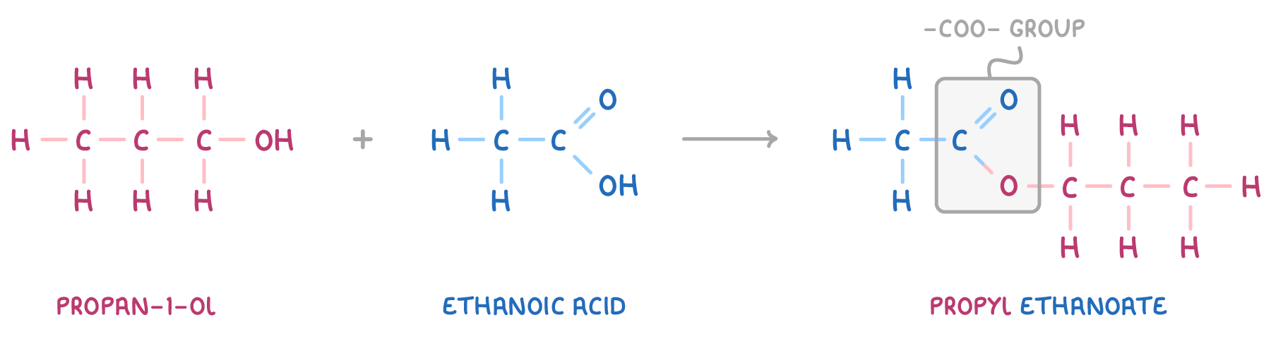 Propan-1-ol plus ethanoic acid, an arrow, then propyl ethanoate, all drawn atom by atom and named beneath, with a box on the ester labelled -COO- group and the two parents in different colours.