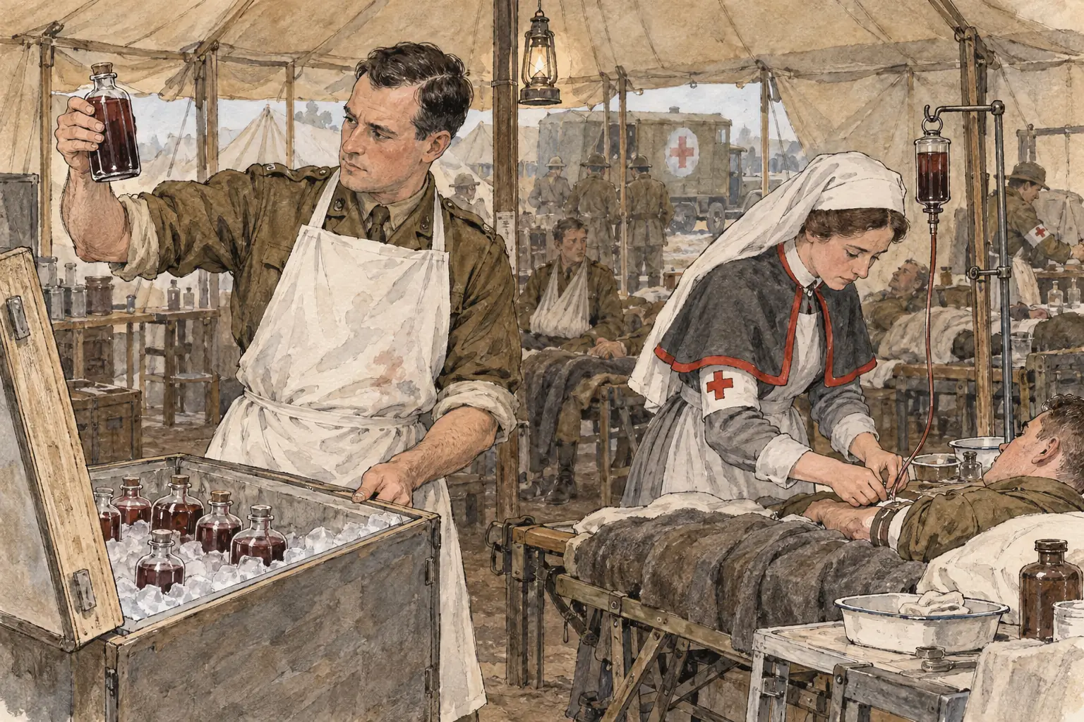 Oswald Hope Robertson set up the first blood bank in 1917, adding sodium citrate to stored blood to stop it clotting.