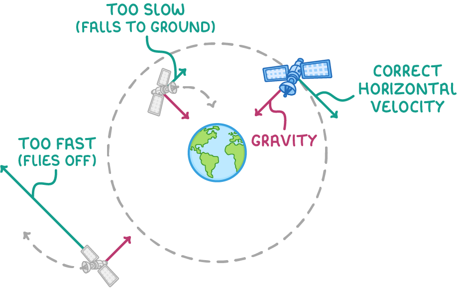 Earth sits inside a dashed circle with three satellites, labelled correct horizontal velocity, too slow (falls to ground) curving inwards, and too fast (flies off) curving away, each with a pink arrow labelled gravity.