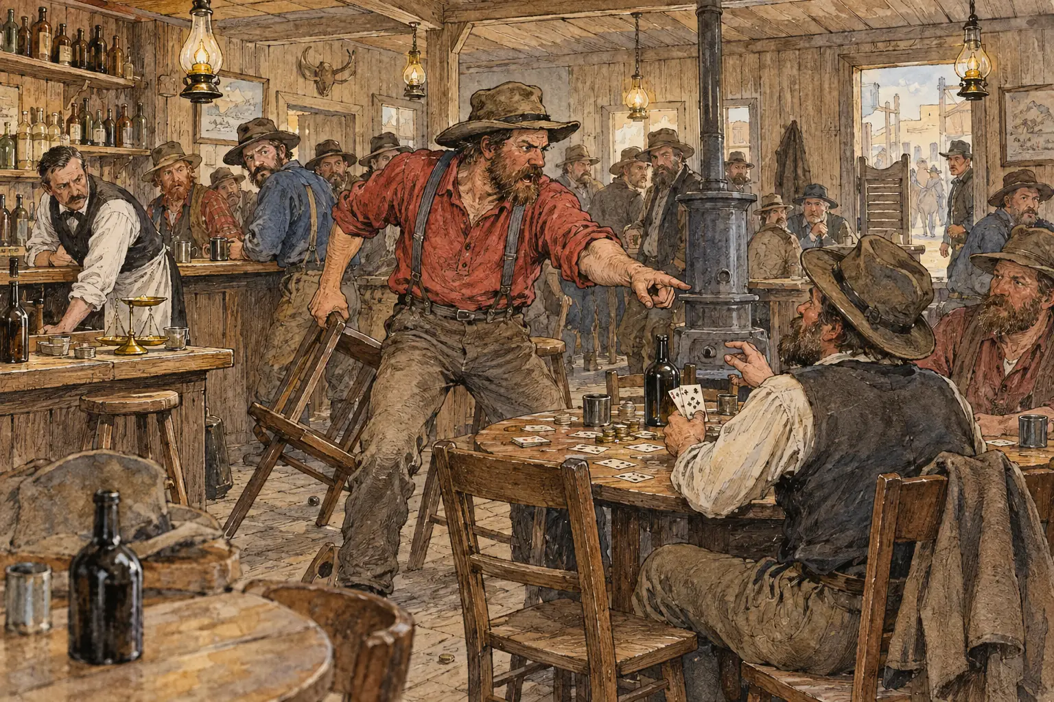 Saloons and gambling in mining boomtowns often led to fights and accusations of cheating