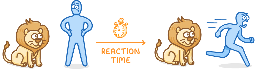 A person standing calmly beside a sitting lion on the left, then the same person running away in fright on the right, with a stopwatch above an arrow labelled reaction time between them.