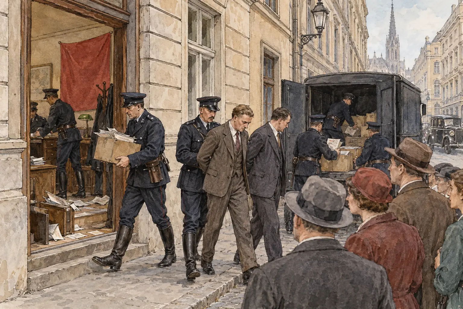 Dollfuss banned the Austrian Nazi Party, and police closed its offices and arrested its leaders.