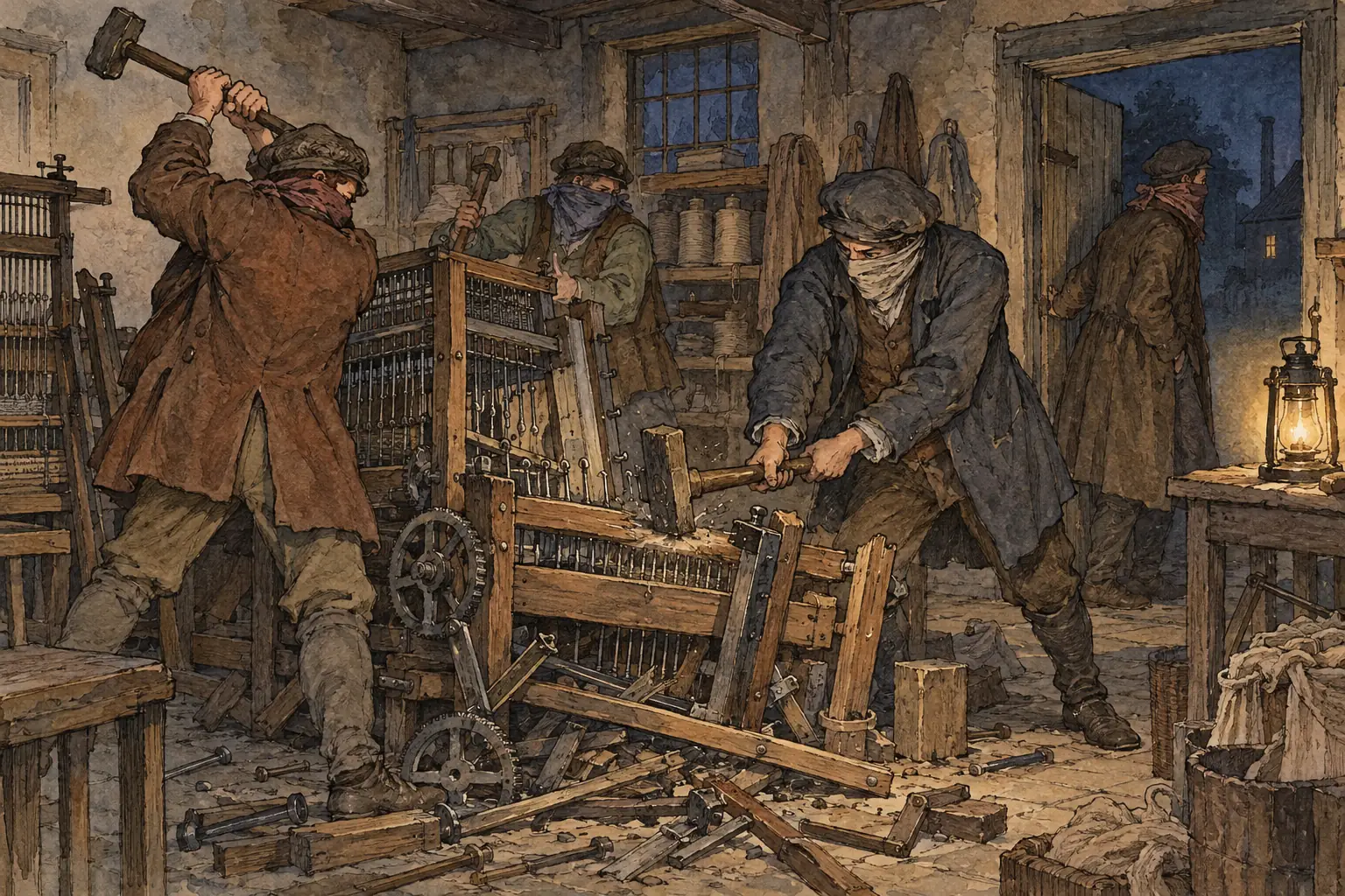 Between 1811 and 1816 Luddites smashed the new machines they blamed for cutting their wages and jobs