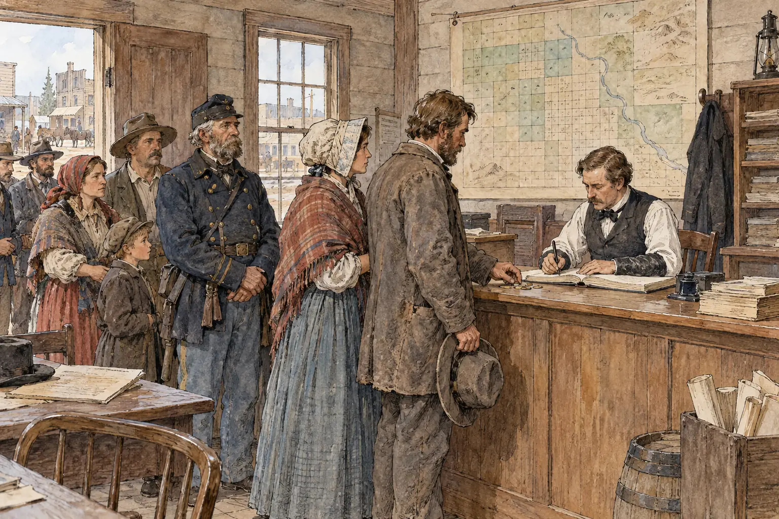 Under the Homestead Act, a settler paid a small fee to claim 160 acres, and owned it after living on and improving it for five years.