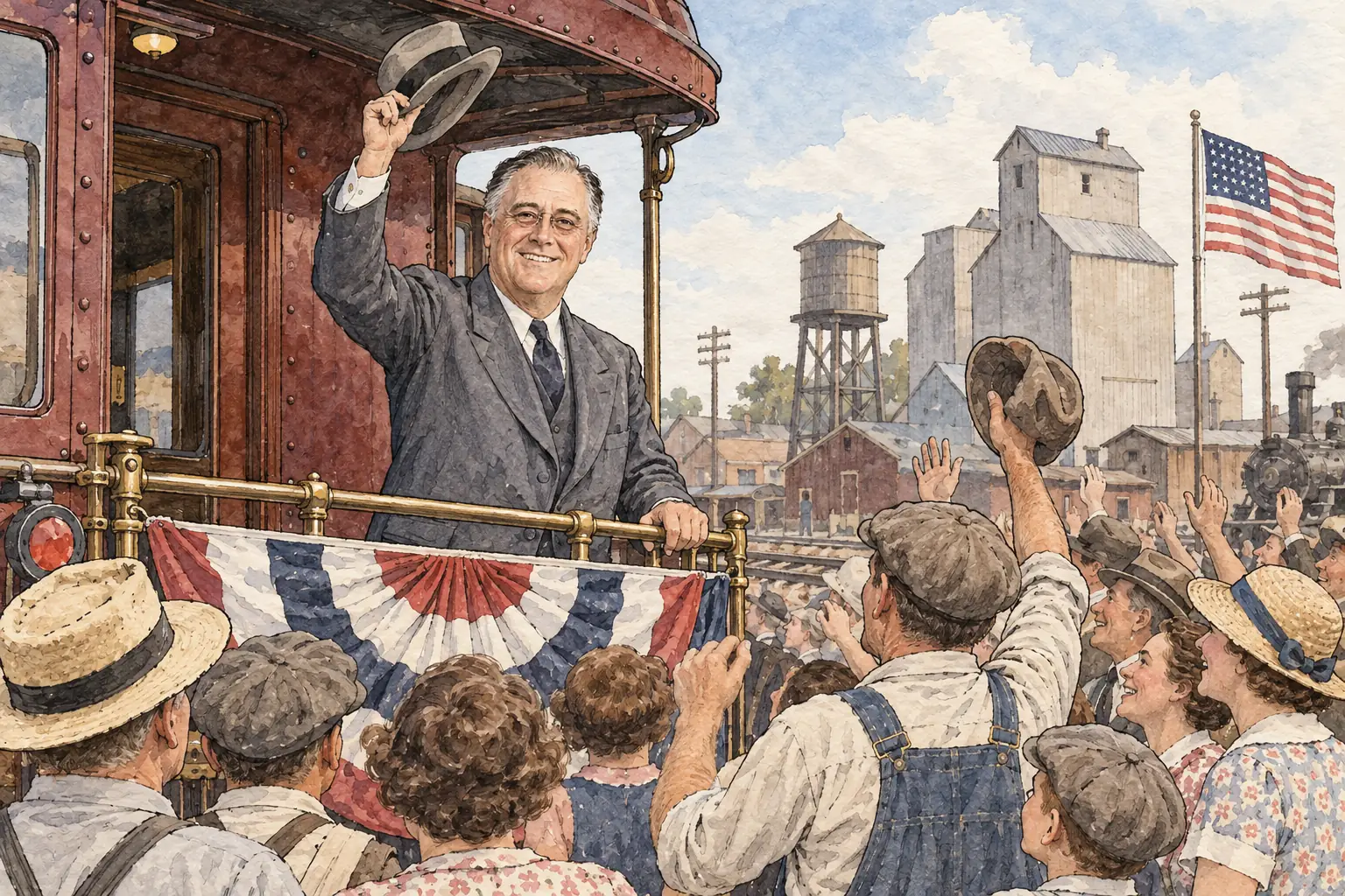 Roosevelt toured the country by train in 1932, speaking to crowds from the rear platform in town after town.