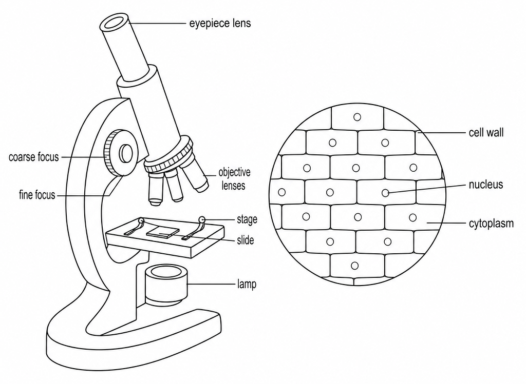 A light microscope labelled eyepiece lens, coarse focus, fine focus, objective lenses, stage, slide and lamp, beside a circular view of brick-shaped onion cells labelled cell wall, nucleus and cytoplasm.