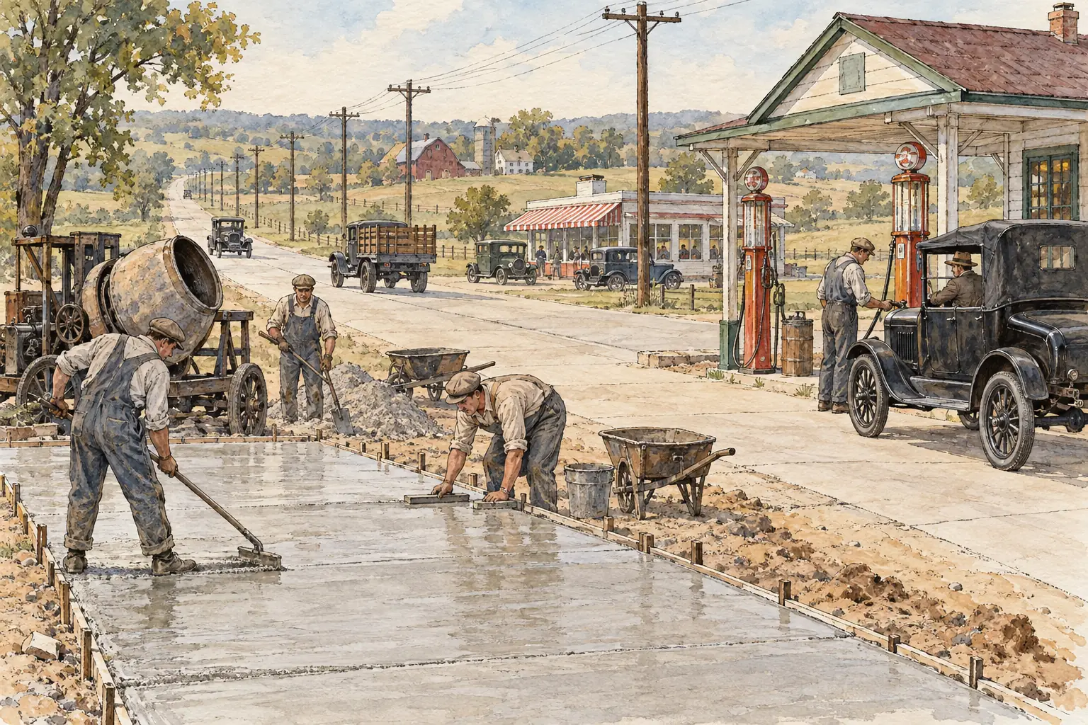 More cars meant more road building, and new roadside businesses such as petrol stations and diners grew up to serve motorists.