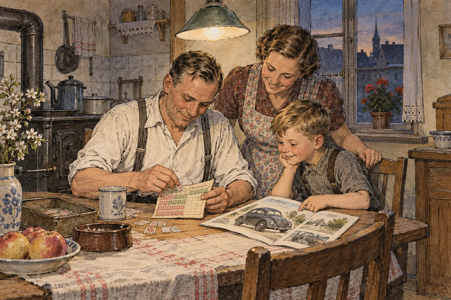 Workers saved 5 marks a week in stamps towards a Volkswagen, but when the war began the factory switched to military production instead of making cars for the savers.