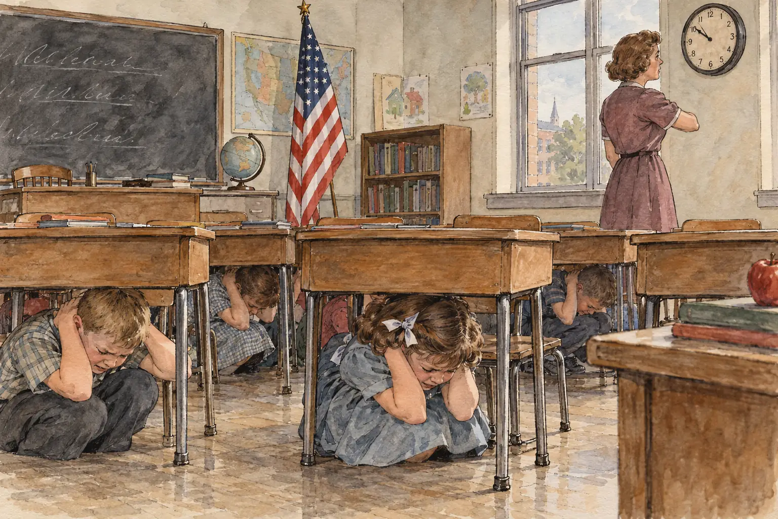 In the 1950s American schoolchildren practised duck-and-cover drills in case of a nuclear attack.