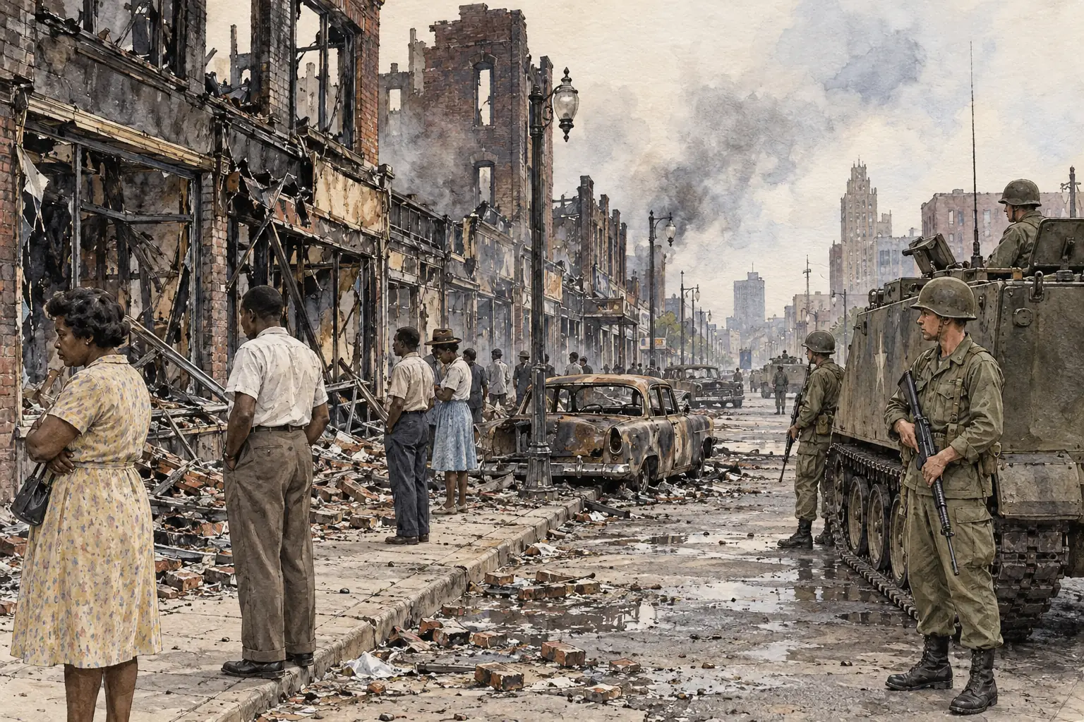 The Detroit riot of July 1967 lasted five days and killed 43 people, and federal troops were sent in to restore order.