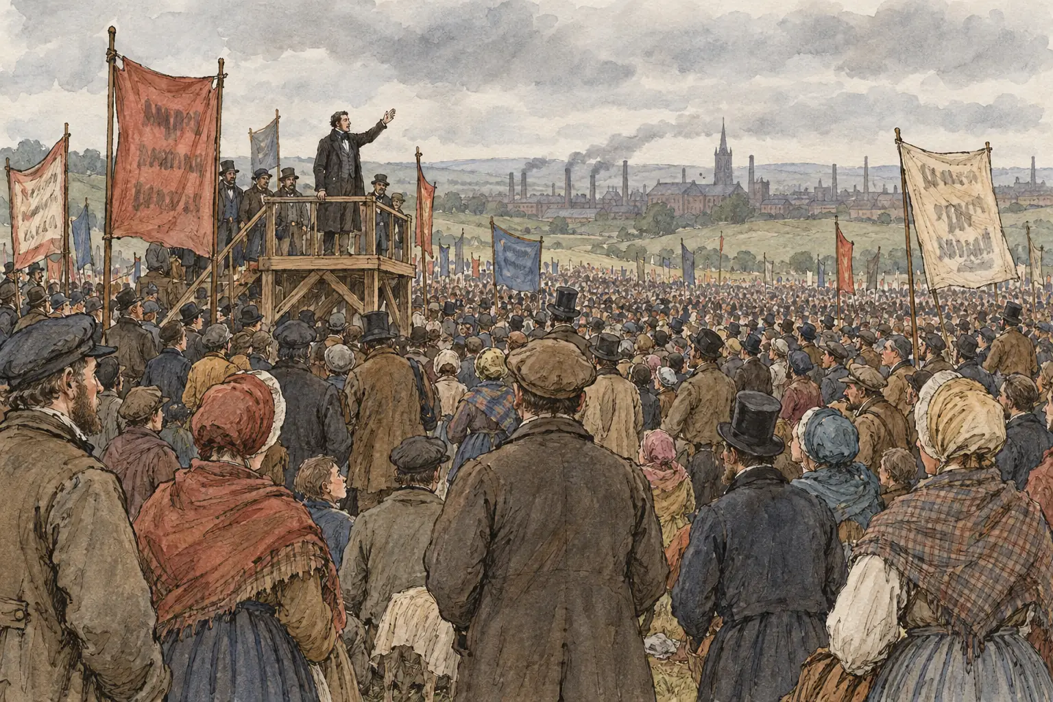 Chartism drew huge crowds of working people to open-air meetings, such as the one on Kersal Moor near Manchester in September 1838.