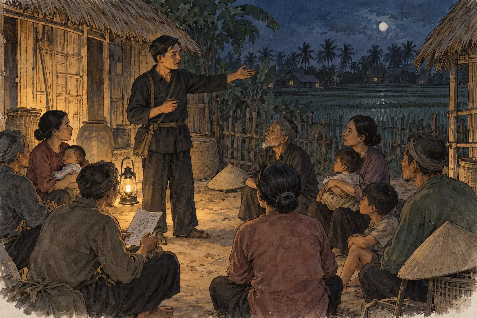 Vietcong cadres held meetings in villages at night, promising peasants land of their own and calling for the foreigners and the Saigon government to be driven out.