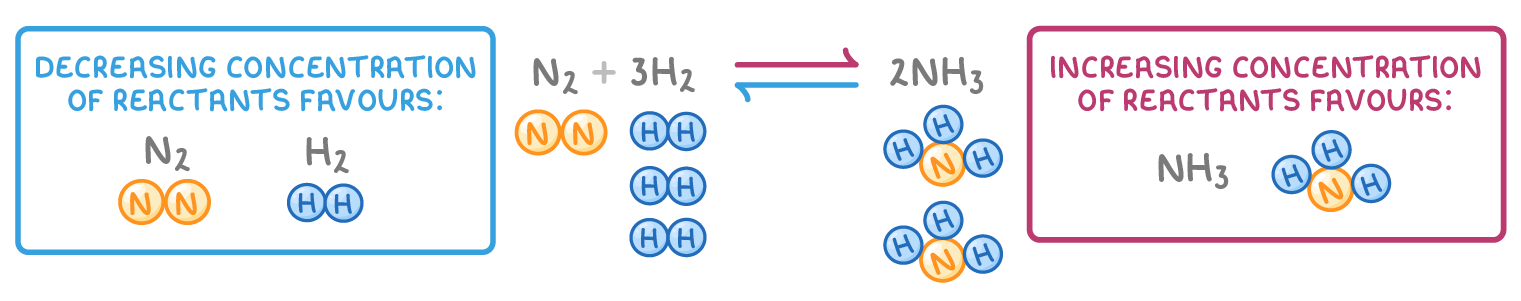 N2 + 3H2 ⇌ 2NH3 with molecule icons, between boxes reading "decreasing concentration of reactants favours" nitrogen and hydrogen and "increasing concentration of reactants favours" ammonia.