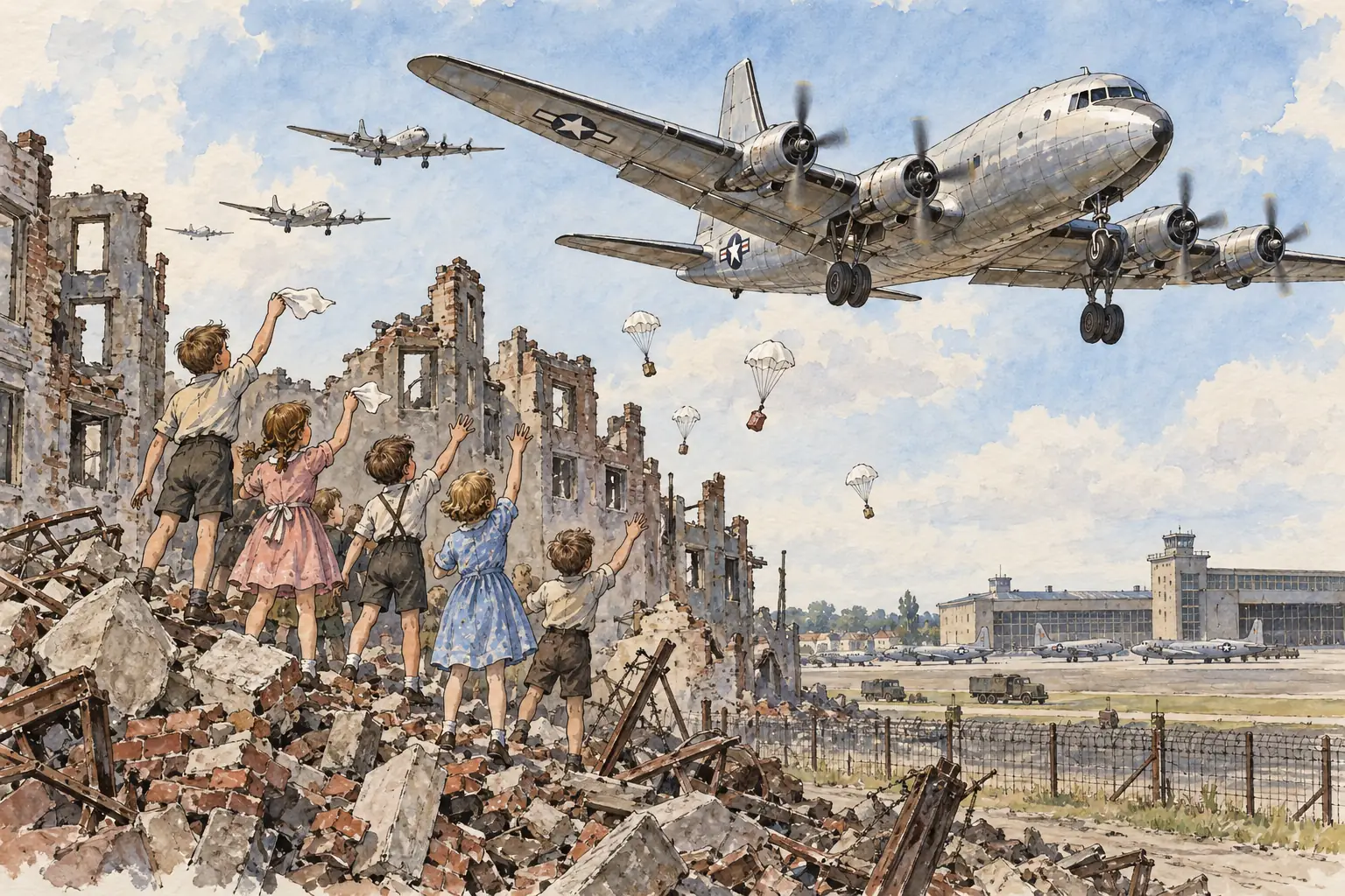Western transport planes flew supplies in along the three air corridors, landing every few minutes at the peak, and some pilots dropped sweets to children