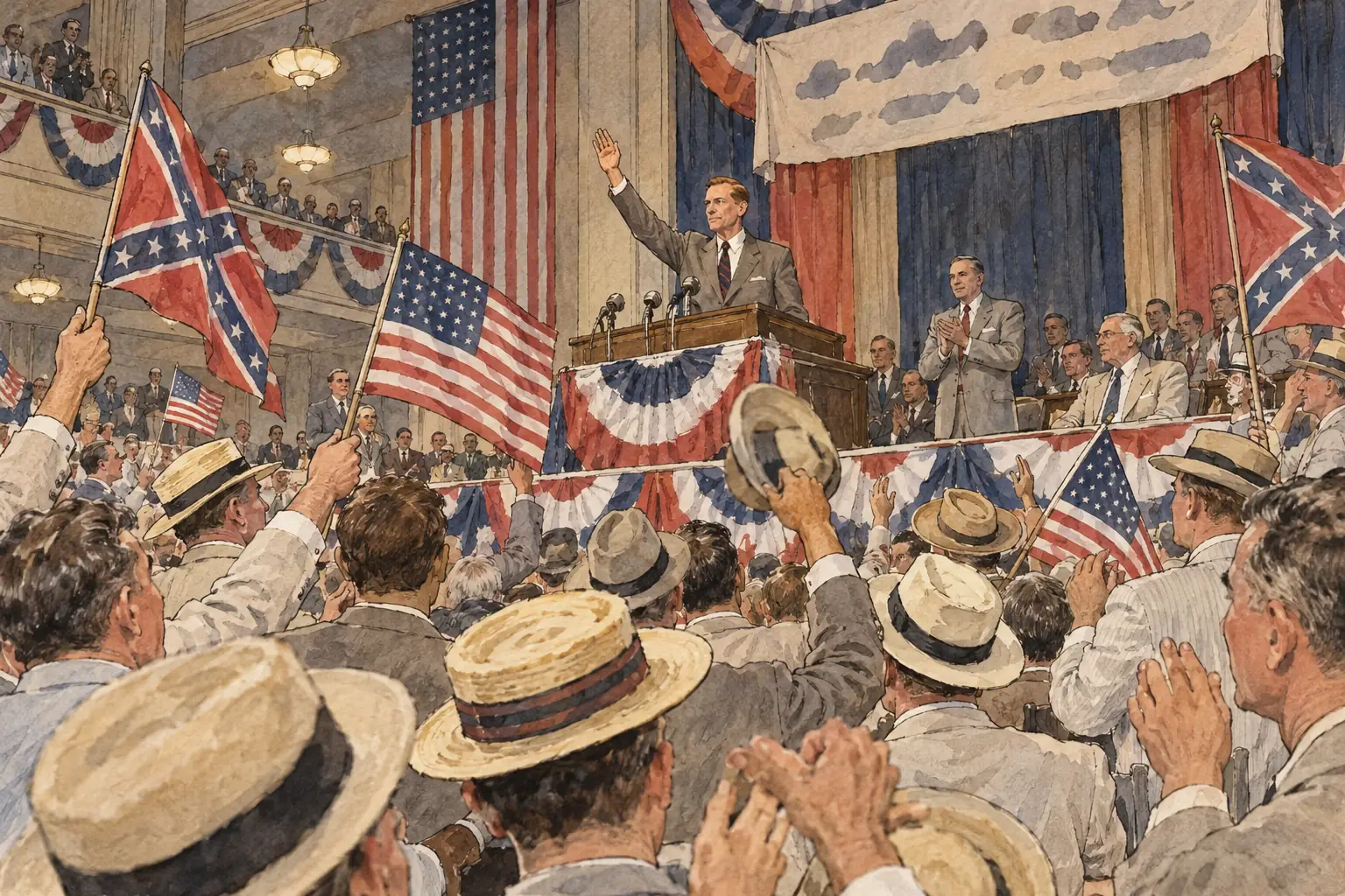Southern Democrats who broke away over Truman's civil rights plans nominated Strom Thurmond for president at their convention in Birmingham, Alabama, in July 1948.