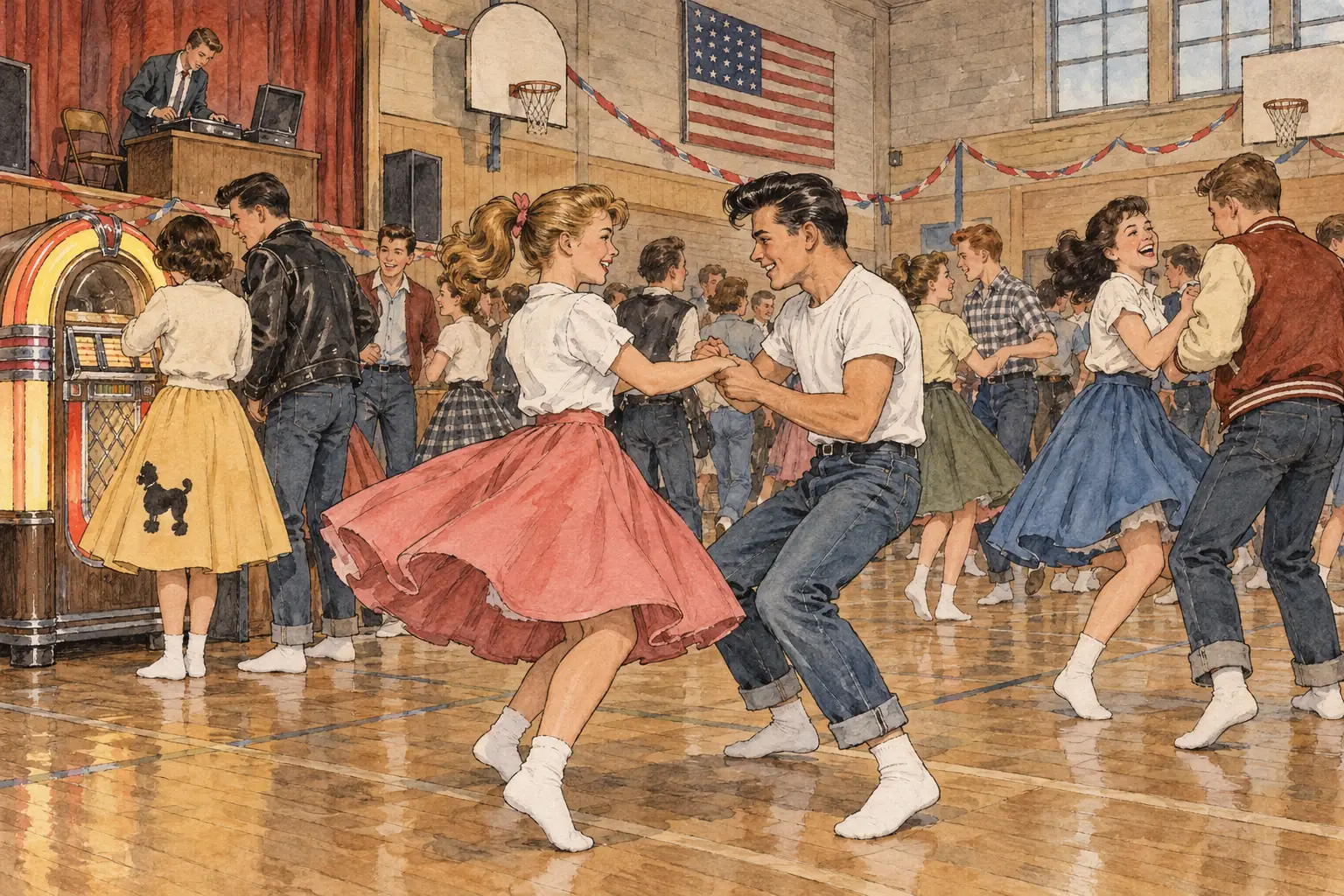 Teenagers danced to rock and roll records at school dances called 'sock hops'