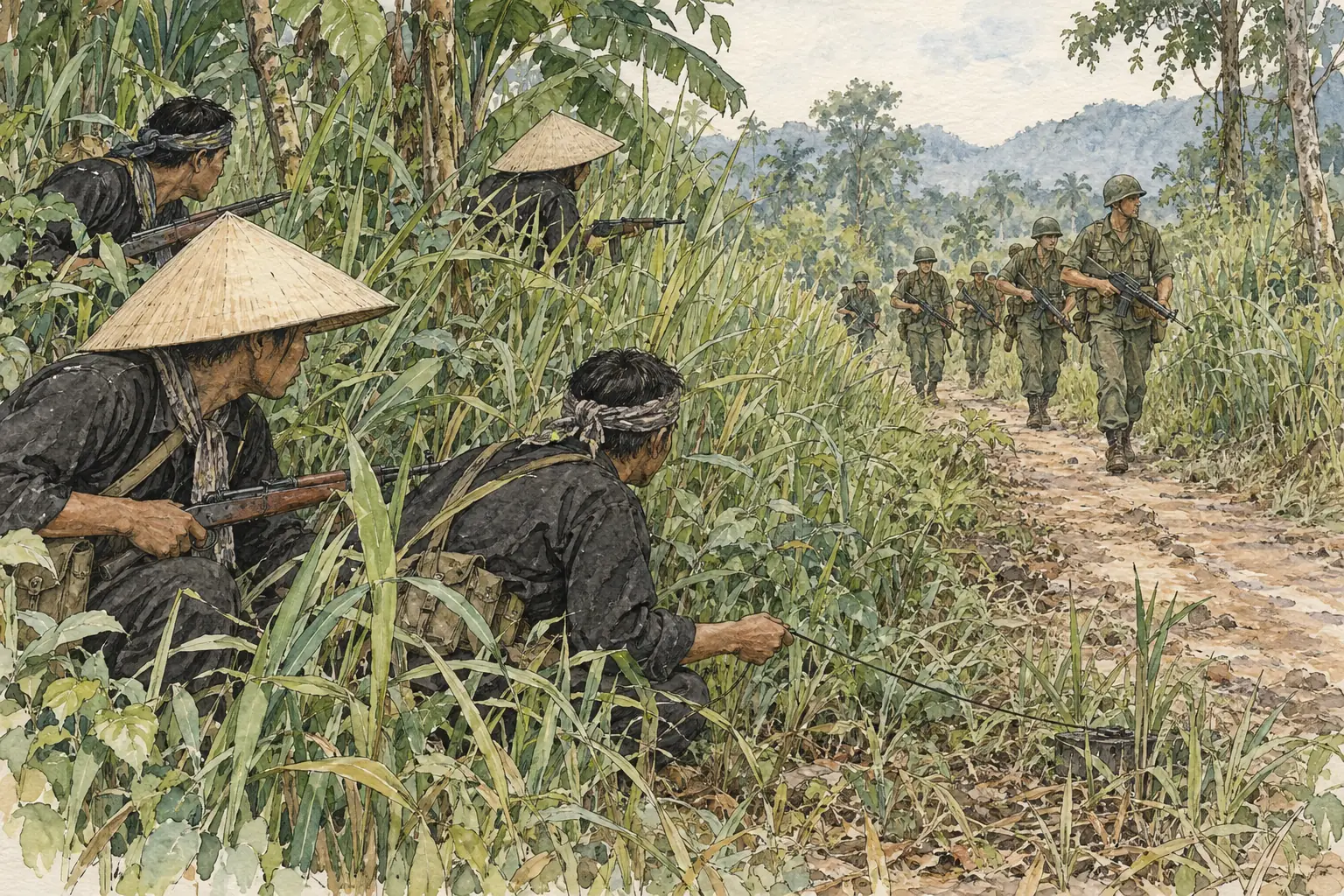 Vietcong fighters waited hidden beside trails to ambush US patrols, then slipped away before the Americans could hit back