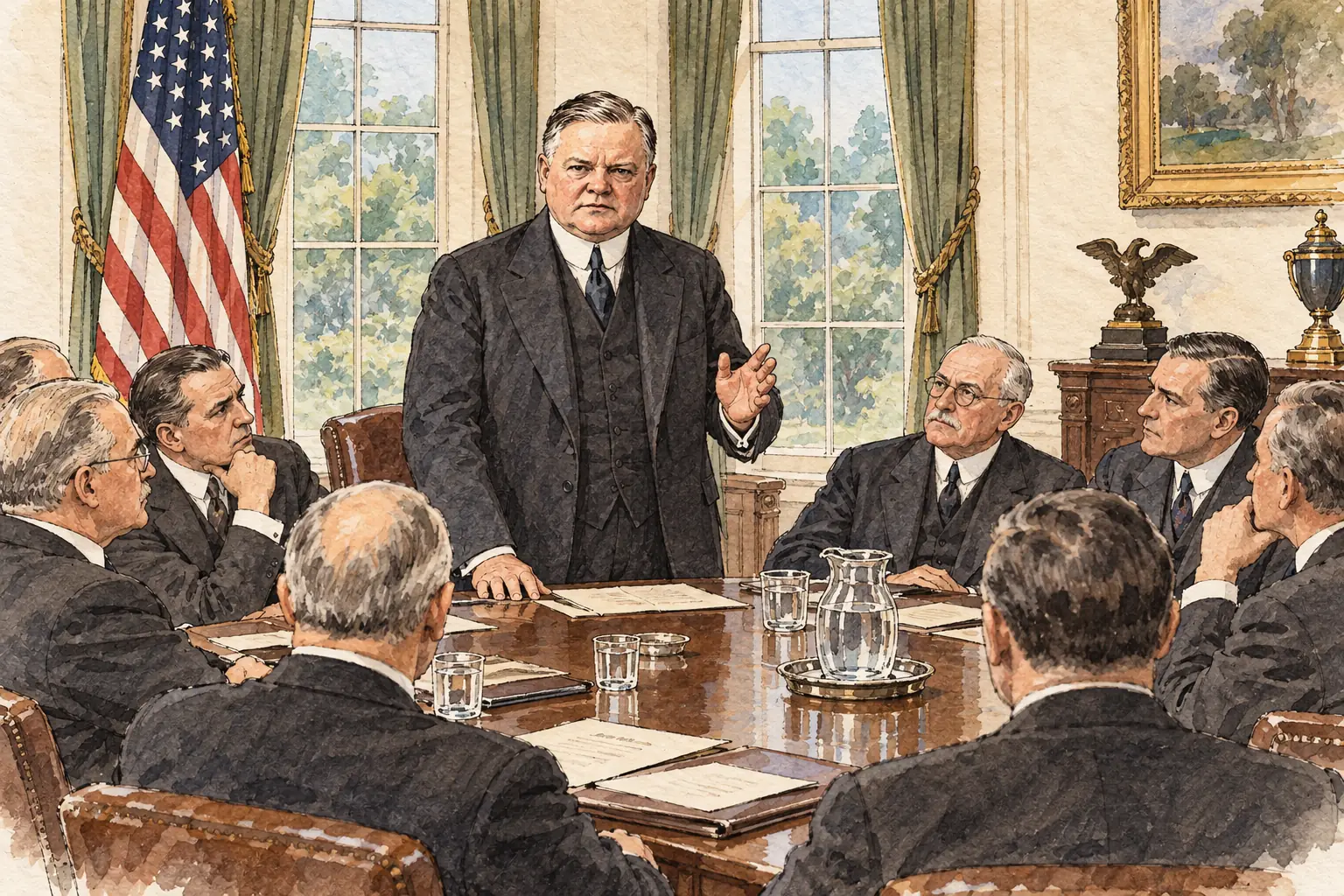 In November 1929 Hoover called business leaders to the White House and asked them to keep up wages and investment voluntarily, rather than forcing them by law.