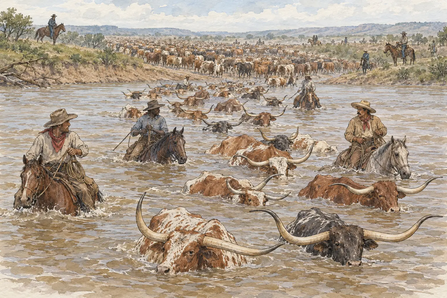 Cowboys drove herds of Texas longhorns hundreds of miles north, across rivers and open country, to reach the railheads.