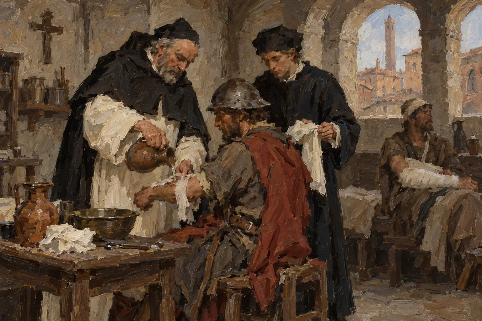 Hugh and Theodoric of Lucca washed wounds with wine and kept them clean and dry, against the popular belief that pus was a good sign.
