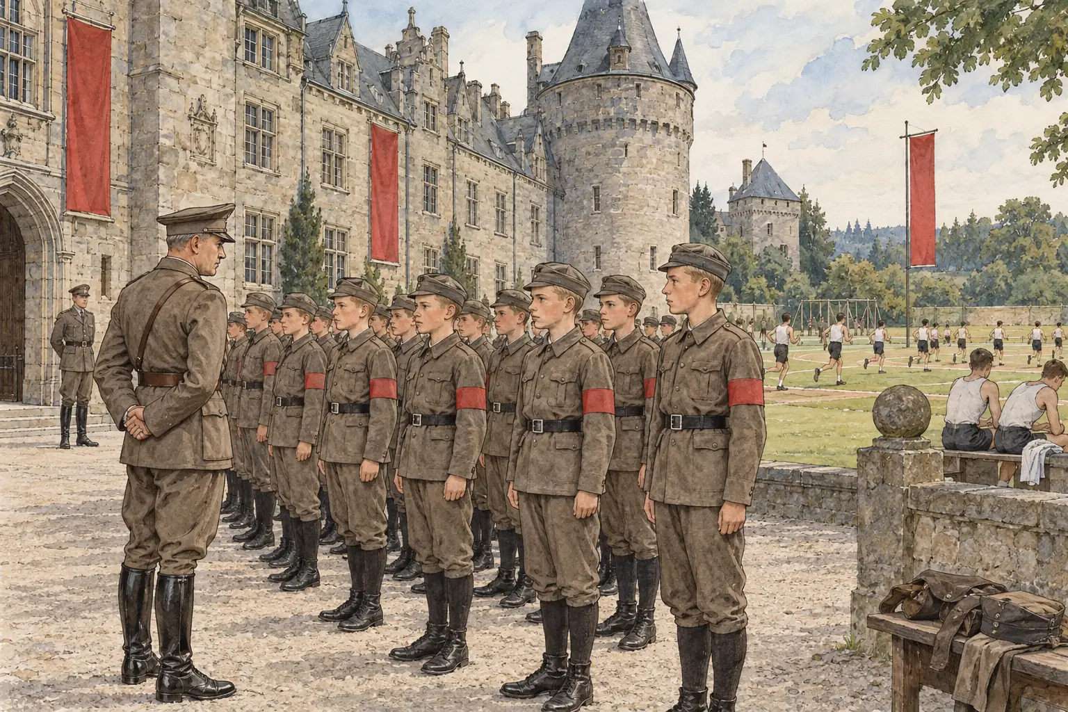 Napolas were boarding schools for selected boys aged 10 to 18, which combined military drill, sport and Nazi ideology to train future leaders.
