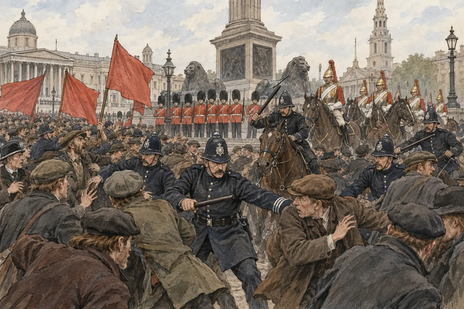 On Bloody Sunday, 13 November 1887, police and soldiers broke up a demonstration by the unemployed in Trafalgar Square, and many people accused the police of excessive force.