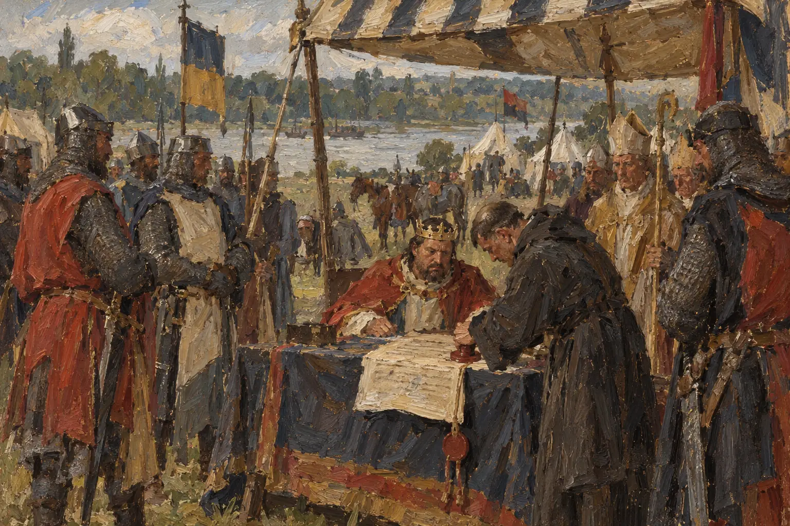 In June 1215, at Runnymede beside the River Thames, King John accepted Magna Carta, and the charter was sealed with the king's great seal.