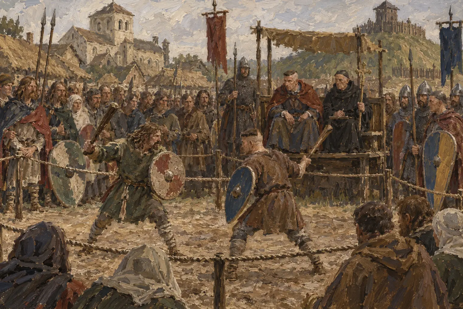 Trial by combat, used especially in disputes involving Normans