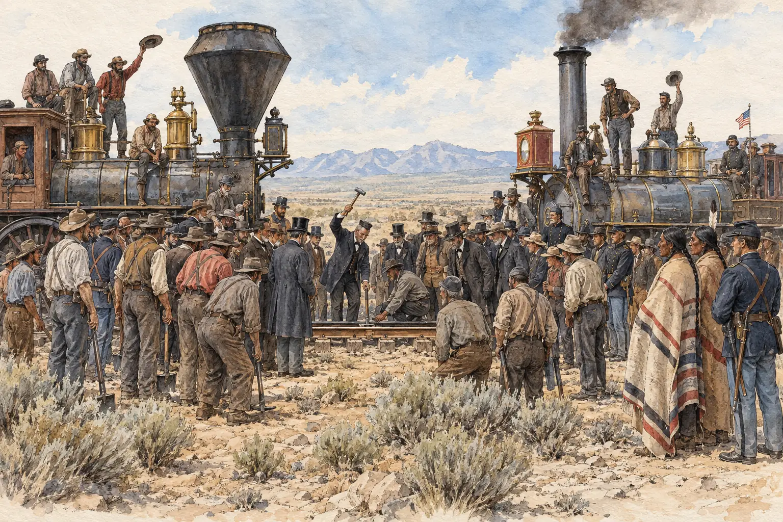The two lines meet at Promontory Summit, Utah, on 10 May 1869