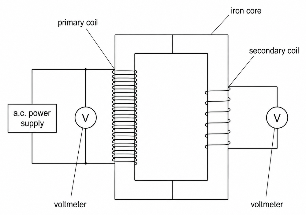An iron core with a closely wound primary coil on the left and a smaller secondary coil on the right, an a.c. power supply on the primary side, and a voltmeter across each coil.