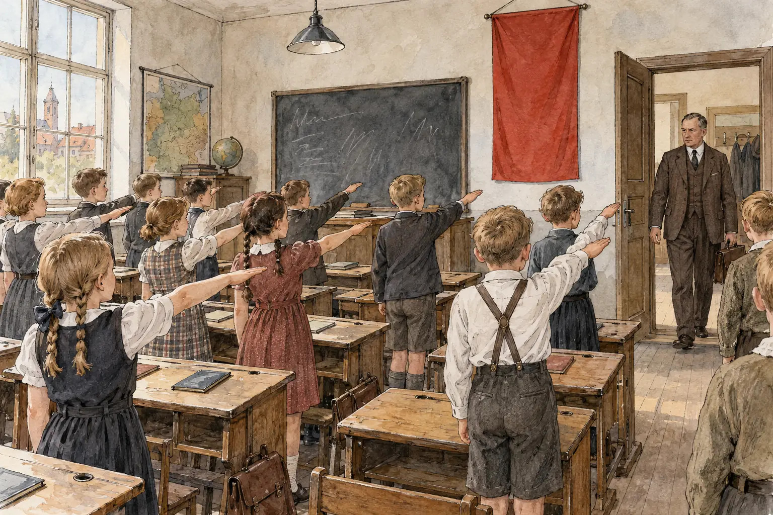 Lessons began with pupils standing to give the Hitler salute.
