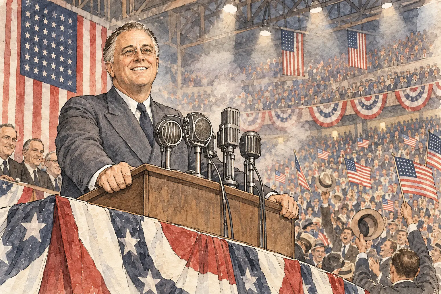 Roosevelt flew to Chicago to accept the Democratic nomination in person in July 1932, the first candidate to do so, and promised "a new deal for the American people".