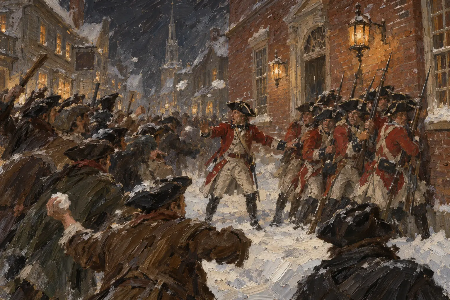 In March 1770 British soldiers in Boston fired into a crowd that was taunting them, killing five people