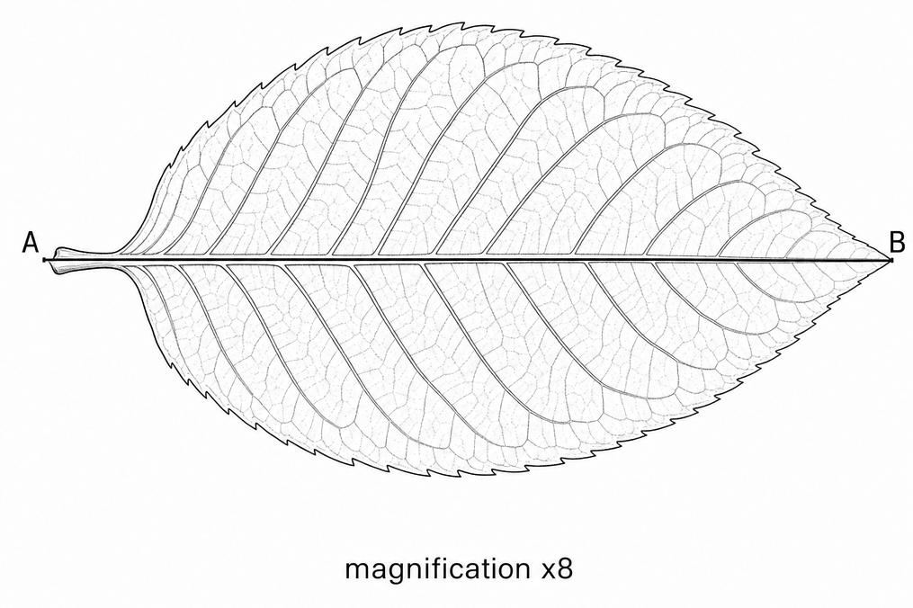 A leaf drawn lying on its side with veins showing, a straight line running the length of it from A at the stalk to B at the tip, and magnification x8 printed underneath.