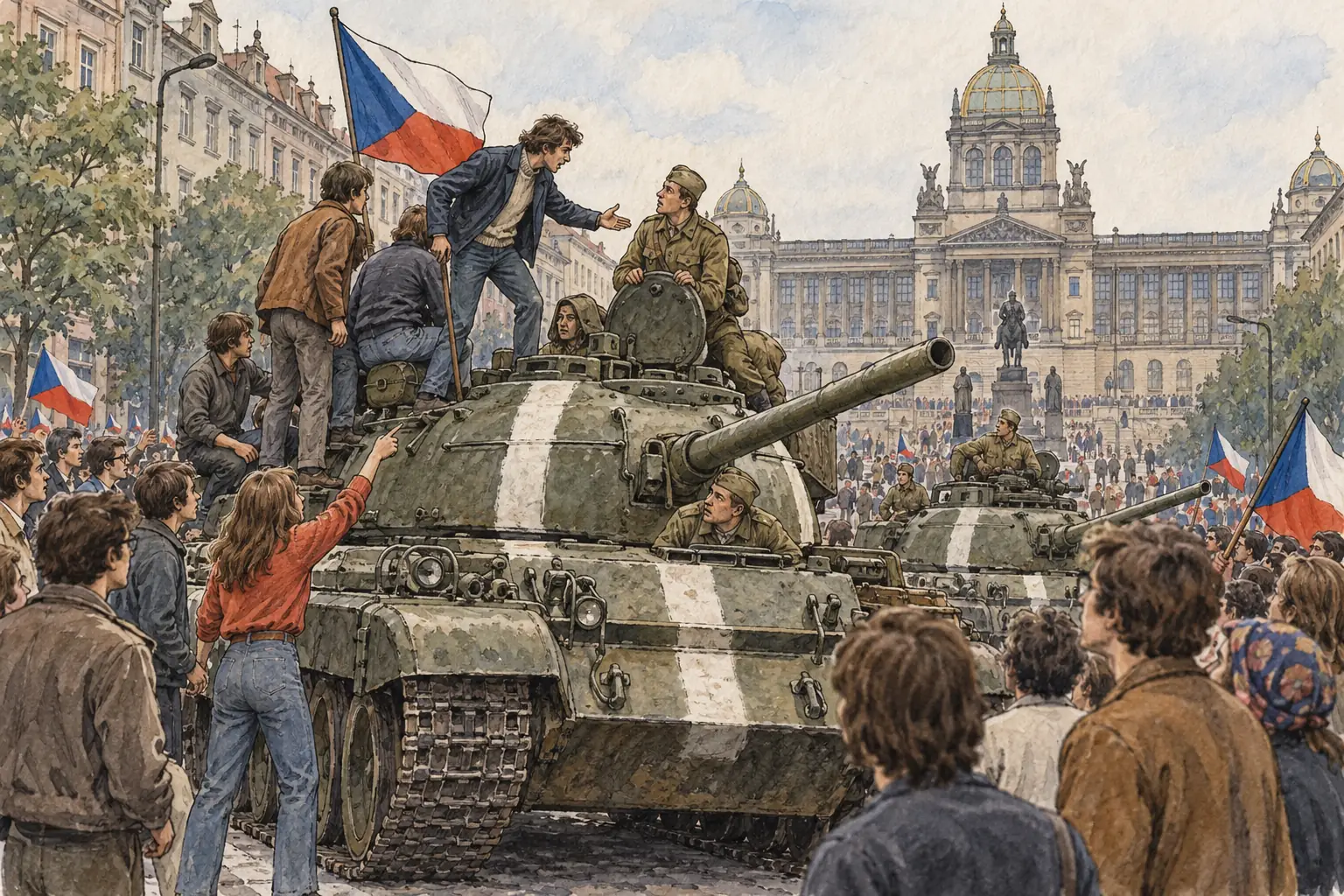 Young Czechs argued with Soviet tank crews in Prague's Wenceslas Square on 21 August 1968