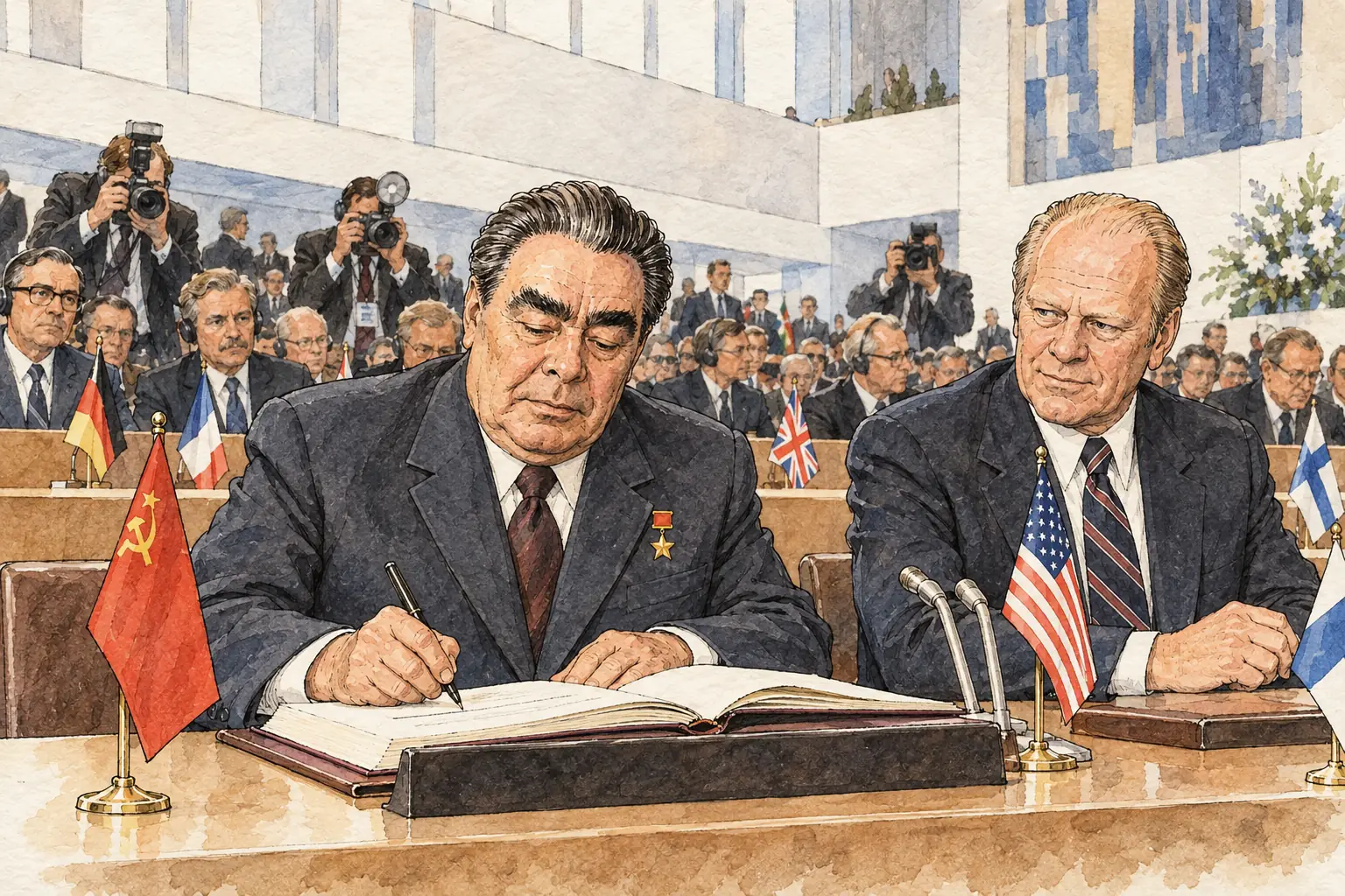 The leaders of 35 countries, including Brezhnev and President Gerald Ford, signed the Helsinki Final Act on 1 August 1975.