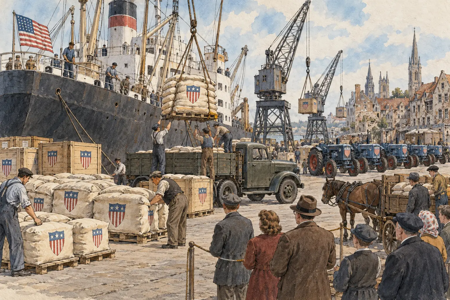 From 1948 Marshall Aid shipped food, fuel, raw materials and machinery to Western Europe