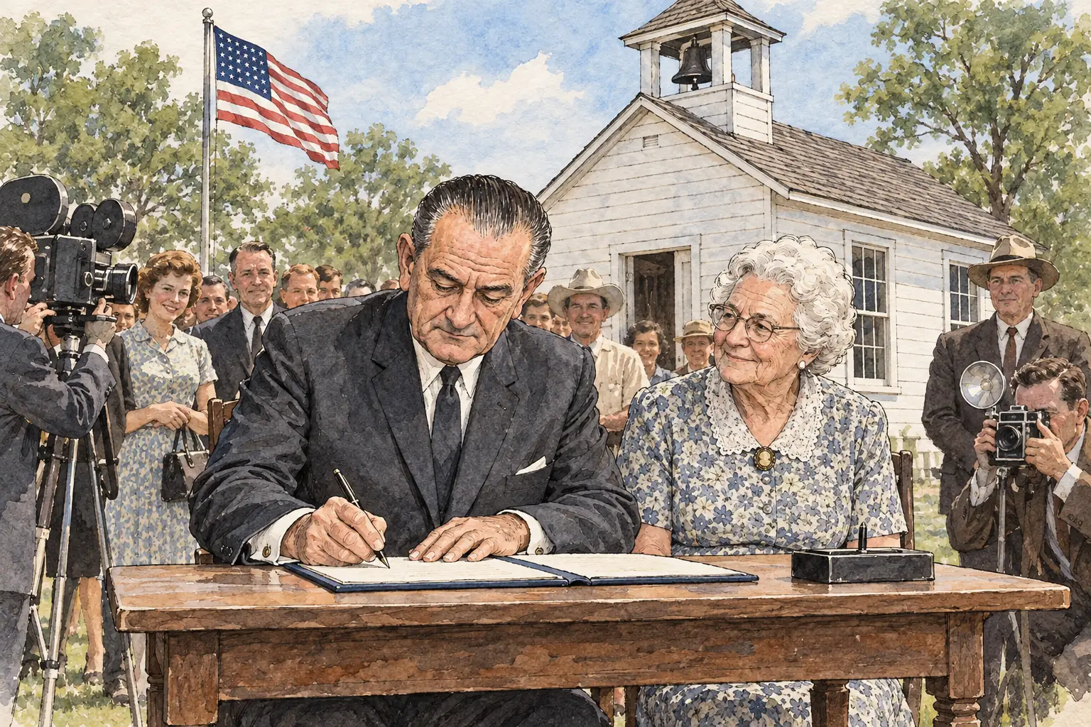 Johnson signed the Elementary and Secondary Education Act on 11 April 1965 outside the small Texas school he had first attended, with his first teacher beside him