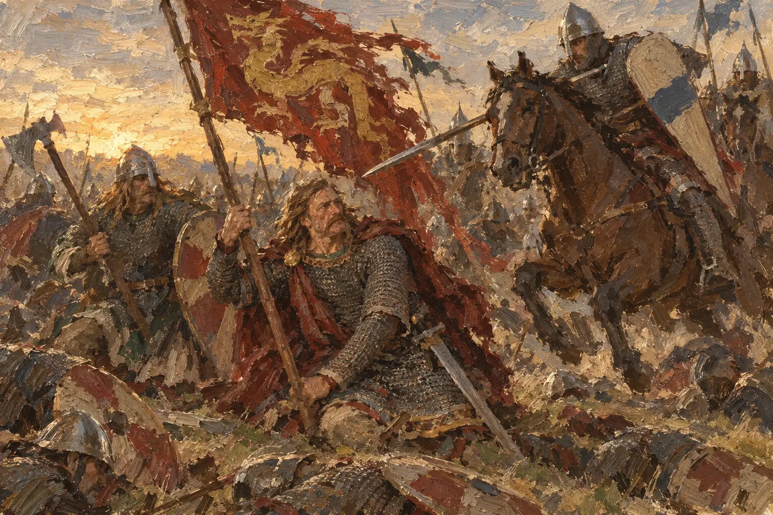 Late in the day Harold was killed, and the English army broke and fled
