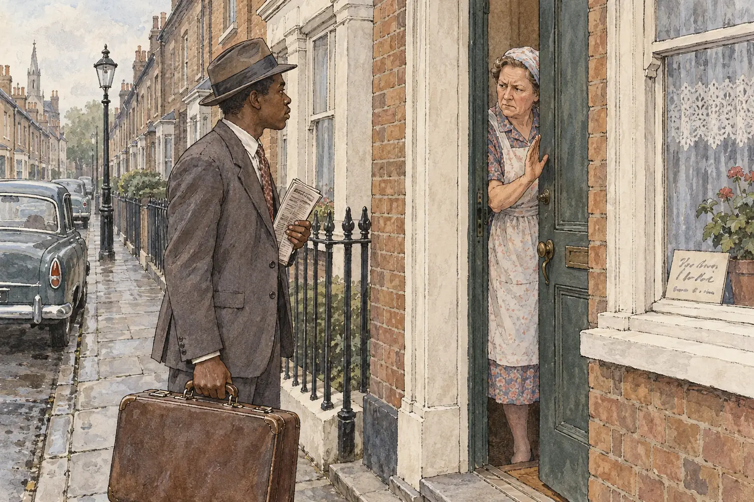Many landlords refused to rent rooms to Black and Asian migrants, part of the 'colour bar'