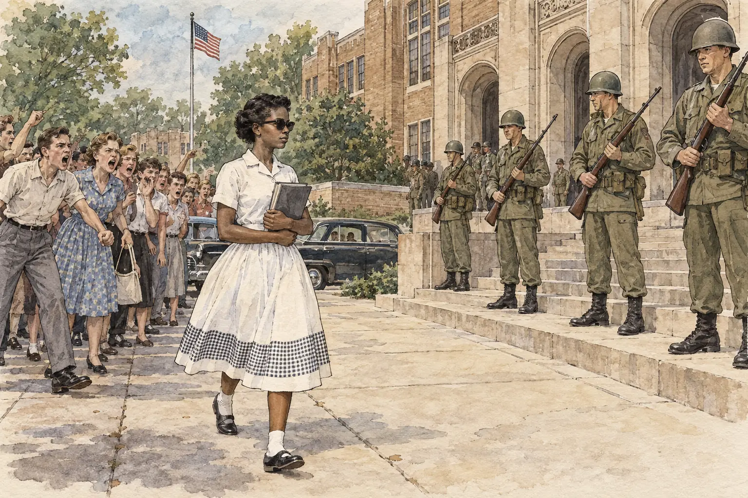 On 4 September 1957 Elizabeth Eckford arrived at Central High alone, and was turned away by the National Guard while a white crowd abused her.