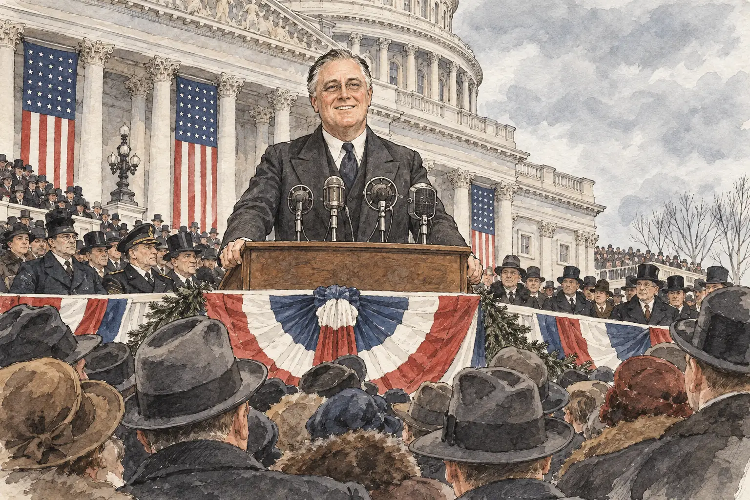 In his inaugural address on 4 March 1933 Roosevelt told Americans that "the only thing we have to fear is fear itself", and promised immediate action.
