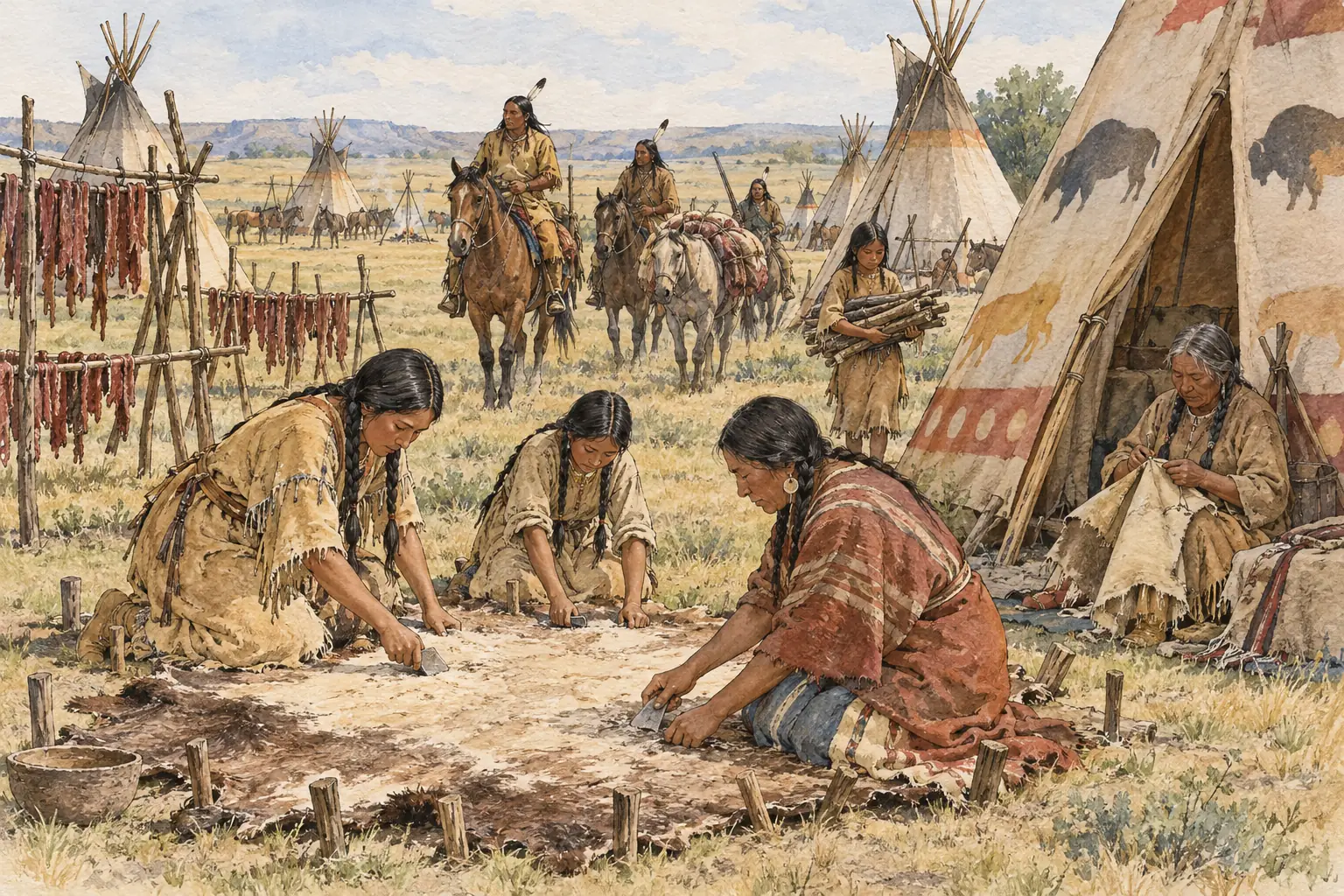 Women owned and looked after the tipis, and turned the buffalo the men hunted into dried meat, clothing and tools.