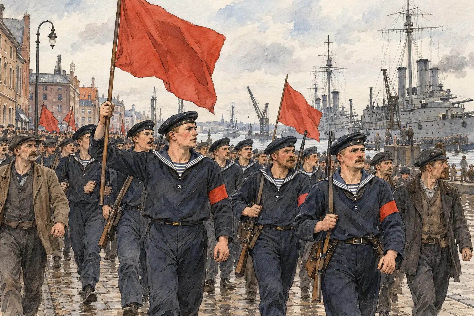 Sailors at Kiel mutinied in early November 1918 rather than sail on a hopeless attack, and the revolt spread into strikes and workers' councils across Germany.