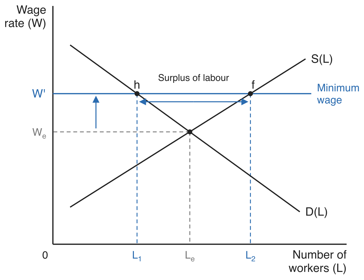Labour market diagram. Demand for labour D(L) and supply of labour S(L) cross at the competitive wage We with Le workers employed. A minimum wage W' is drawn as a horizontal line above We, meeting D(L) at point h above L1 and S(L) at point f above L2. A double-headed arrow between L1 and L2 is labelled Surplus of labour.