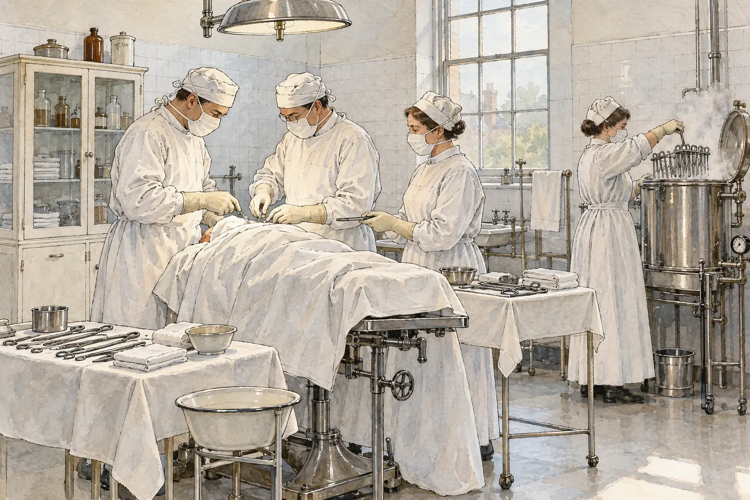 Before the war most major hospitals used aseptic surgery, with steam-sterilised instruments and heat-treated gowns, masks and gloves.