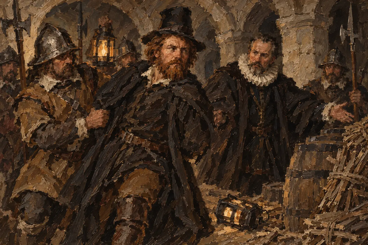 On the night of 4 November 1605 Guy Fawkes was caught guarding barrels of gunpowder in the cellar beneath the House of Lords.